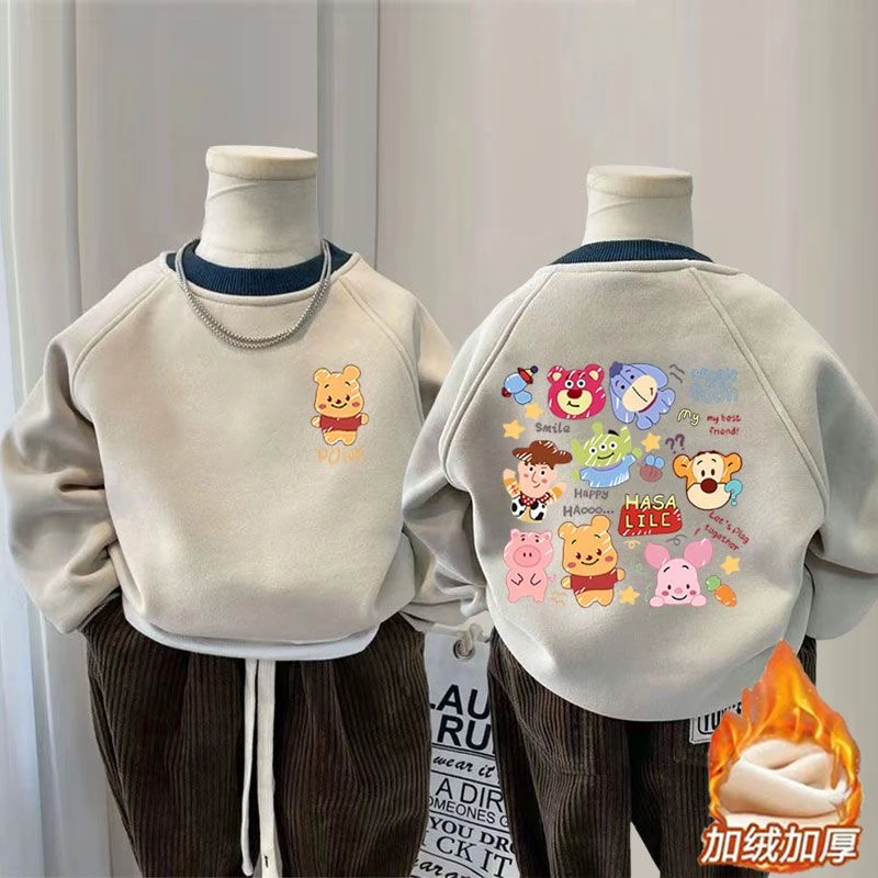 2025秋冬季男女童卫衣儿童加绒圆领打底衣服卡通男孩洋气拼色上衣