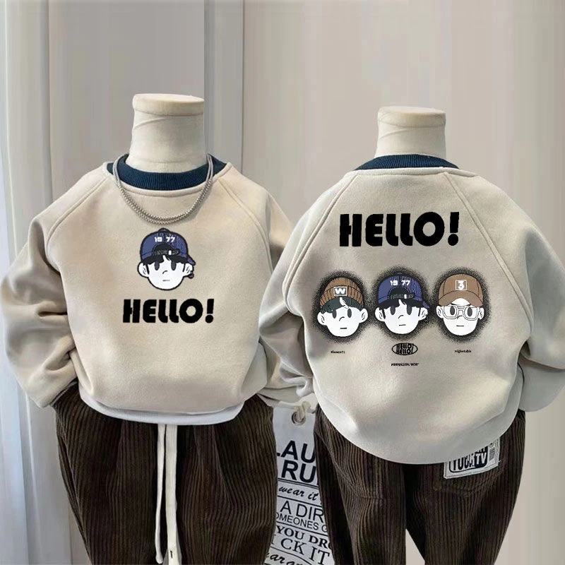 2024儿童秋冬圆领加绒打底衫卫衣中小童男孩洋气卡通宝宝休闲上衣