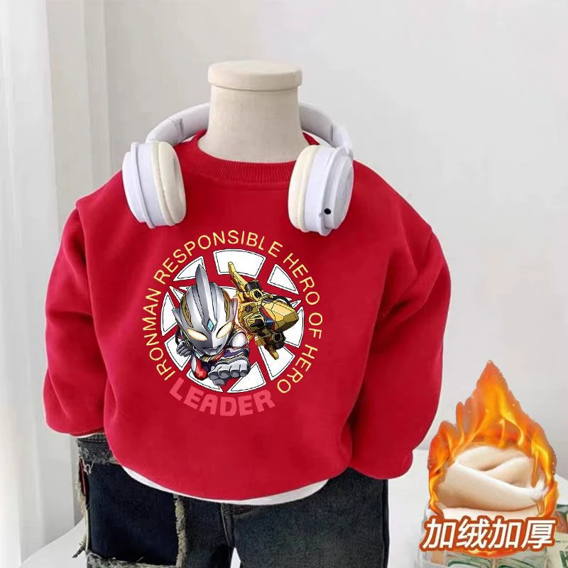 男女童加绒卫衣秋冬儿童装加厚保暖一体绒红色奥特曼上衣爆款洋气