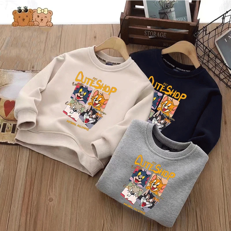 秋冬季加绒男童卫衣卡通猫和老鼠儿童打底中小童加绒保暖外穿上衣