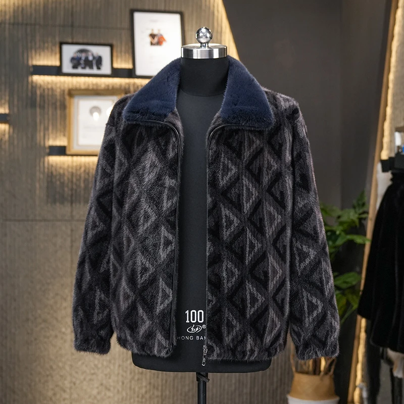 GA皮草24002 2024冬季新款进口貂皮外套男格纹印花轻奢翻领立领