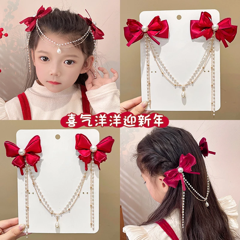 超仙女童蝴蝶结额头链发夹儿童前额公主流苏发卡女孩新年红色发饰