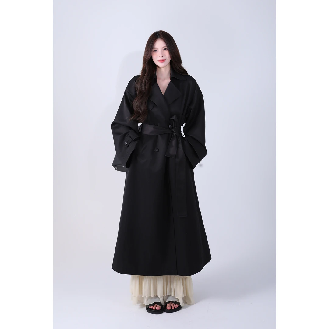 舒胡蕾 英伦腔调 黑色风衣料气质时尚女士经典设计师双排扣秋季