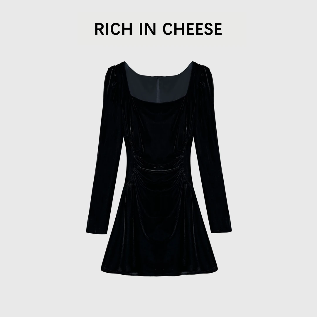 RICHINCHEESE  (丝绒版)富家大小姐 |连衣裙长袖收腰法式小黑裙