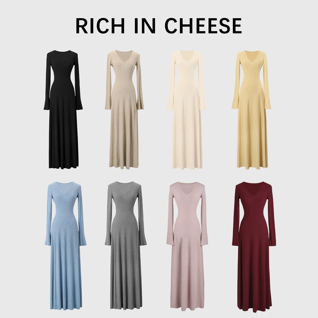 RICHINCHEESE 茶香可颂【长款版】时尚收腰修身秋冬气质毛织连衣裙