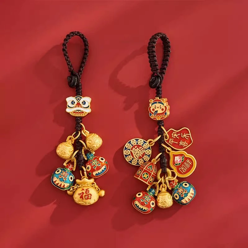 招财钥匙扣财神爷一家三口纳福吞金兽古法金挂饰汽车钥匙链挂件套