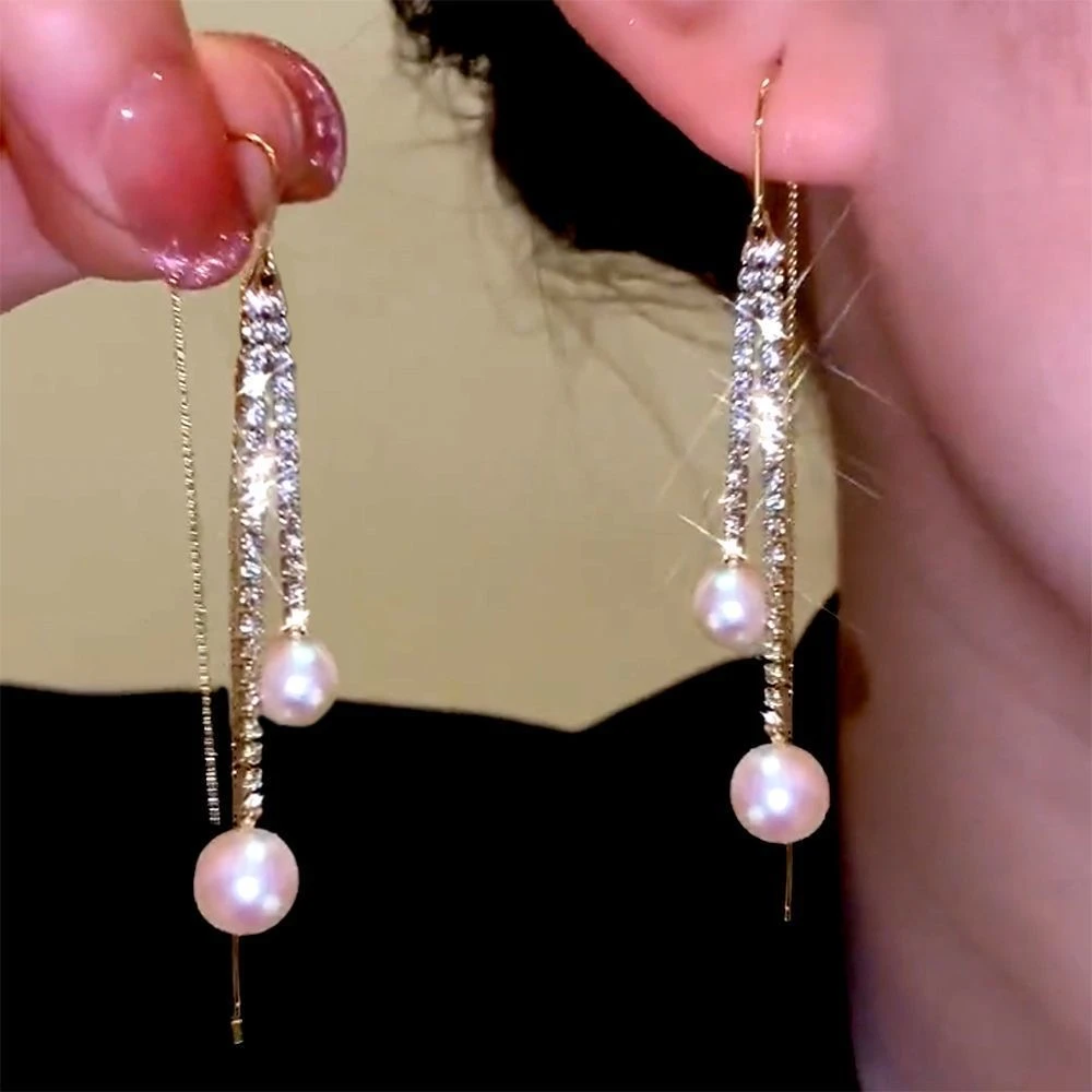 合金耳饰 高档超仙气质长款爪链流苏珠珠耳线女优雅耳坠奢华百搭