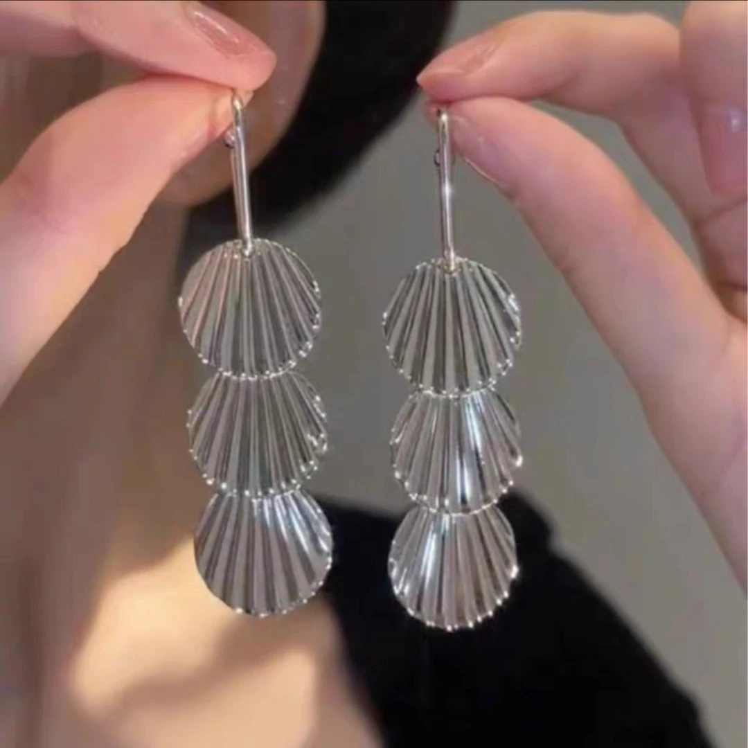 合金耳饰 【金属三贝】法式长款耳环新款个性设计显脸瘦耳饰