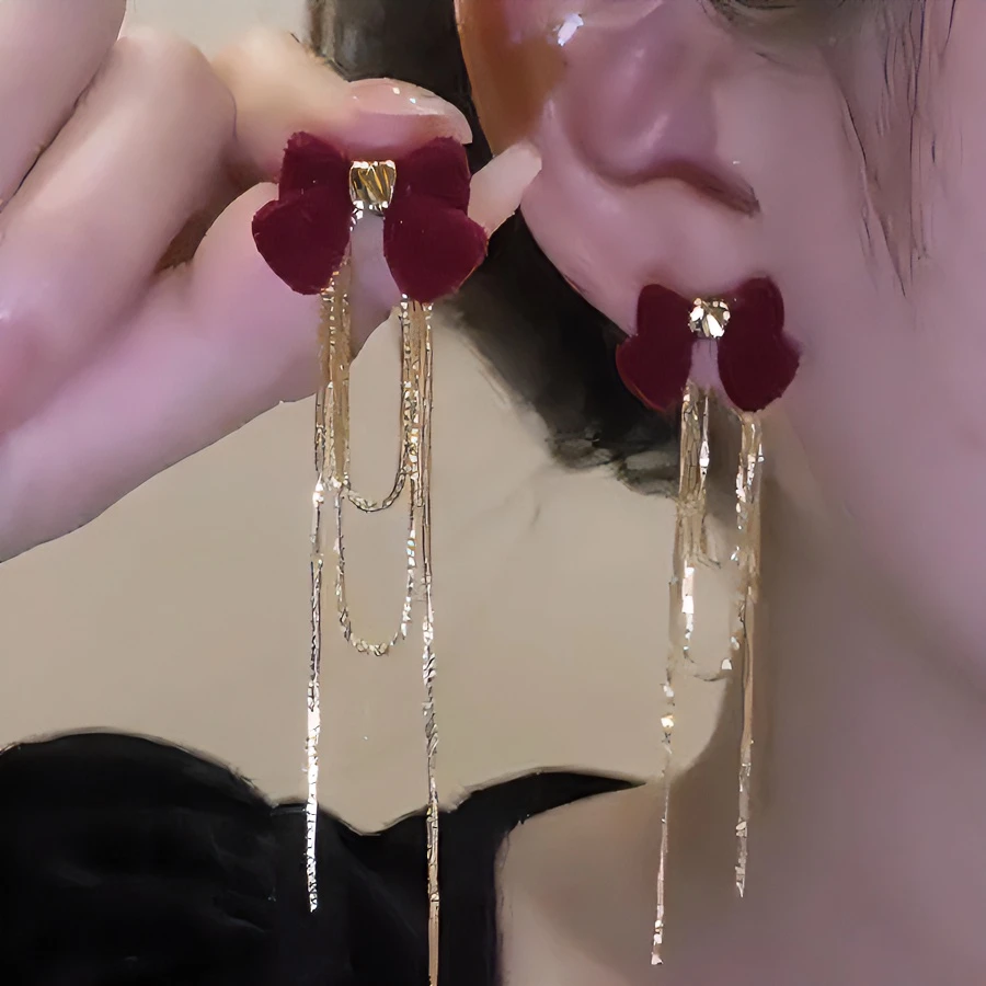 合金耳饰 红色丝绒蝴蝶结耳环女气质长款流苏耳坠显瘦耳饰