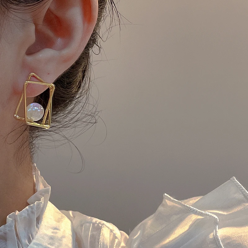 合金耳饰 【交错方框圈圆珠】耳环气质百搭复古法式小众简约轻奢