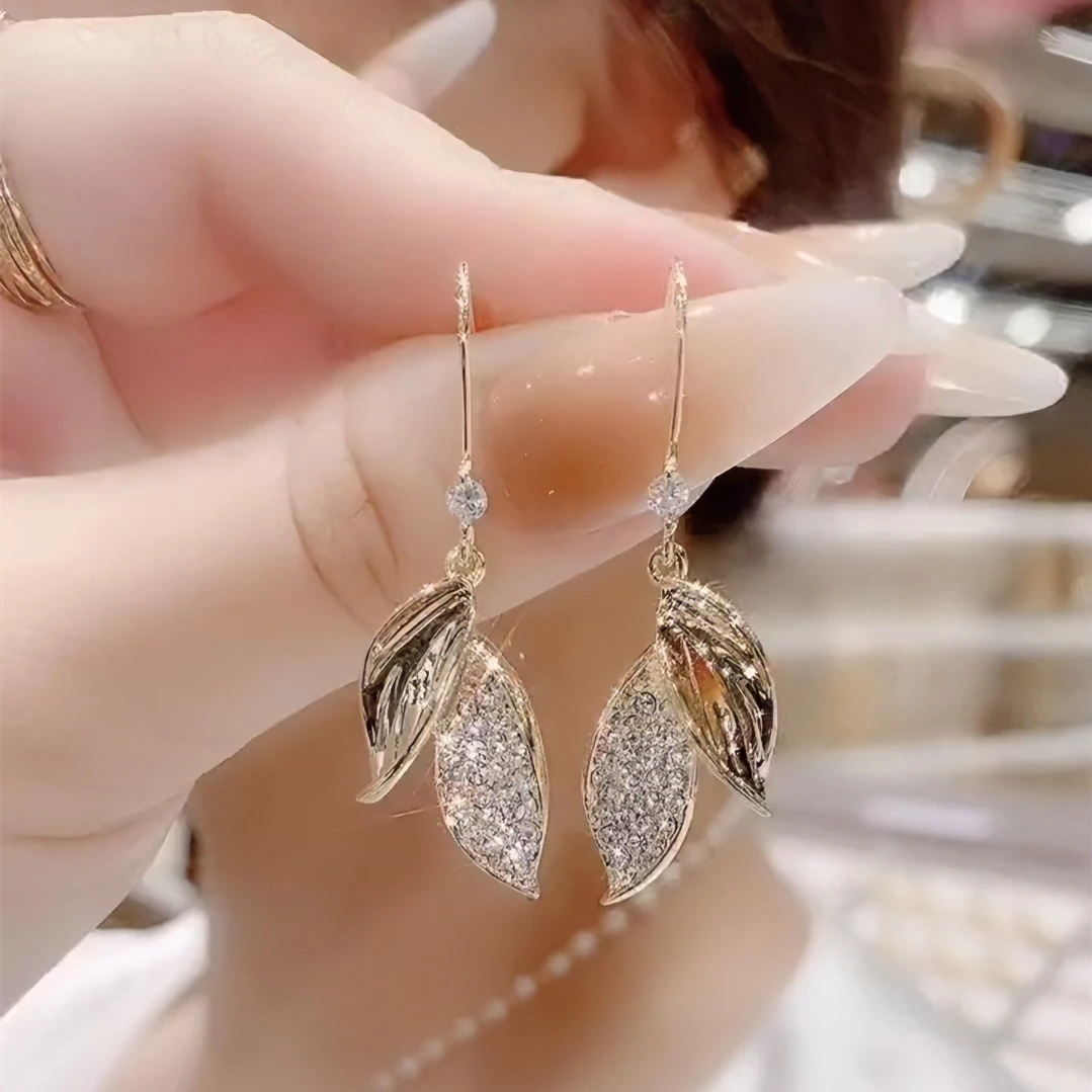 合金耳饰 叶子流苏耳环女闪亮网红百搭耳饰设计感植物花卉气质