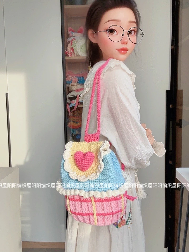 阳阳编织屋diy材料包手工毛线钩针可爱奶油双肩背包单肩儿童礼物