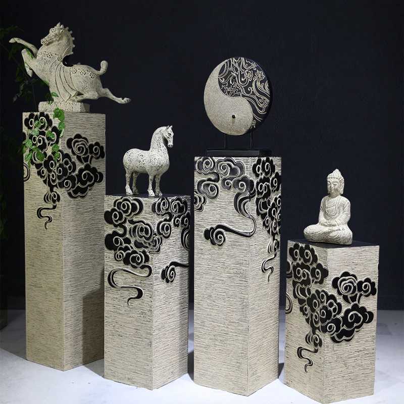 中式创意落地摆件老物件茶室禅意装饰品祥云柱店铺展示柱饰品