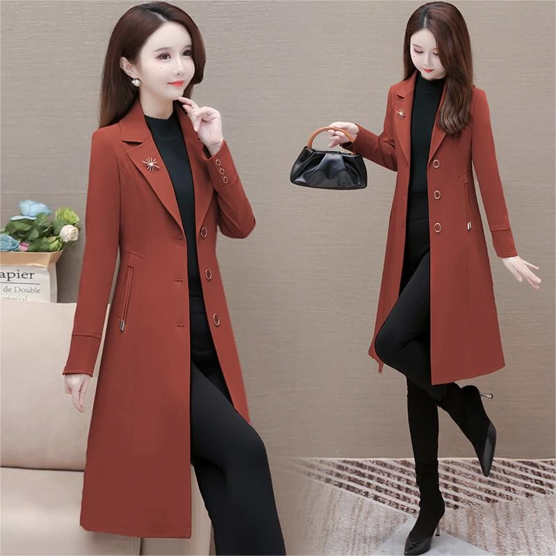 时尚气质长袖中长款风衣外套2025春秋保暖女精纺西装修身收腰开衫
