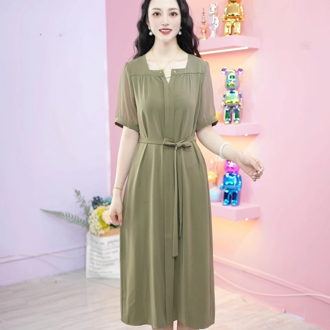 时尚气质短袖中长款收腰连衣裙2024夏季优雅轻奢打底A字裙薄洋气