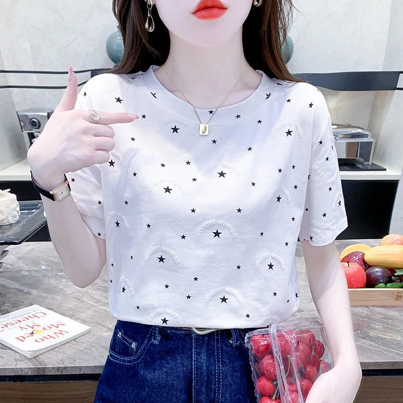 白色短袖t恤女夏装2023新款宽松遮肚子印花设计感百搭体恤上衣潮