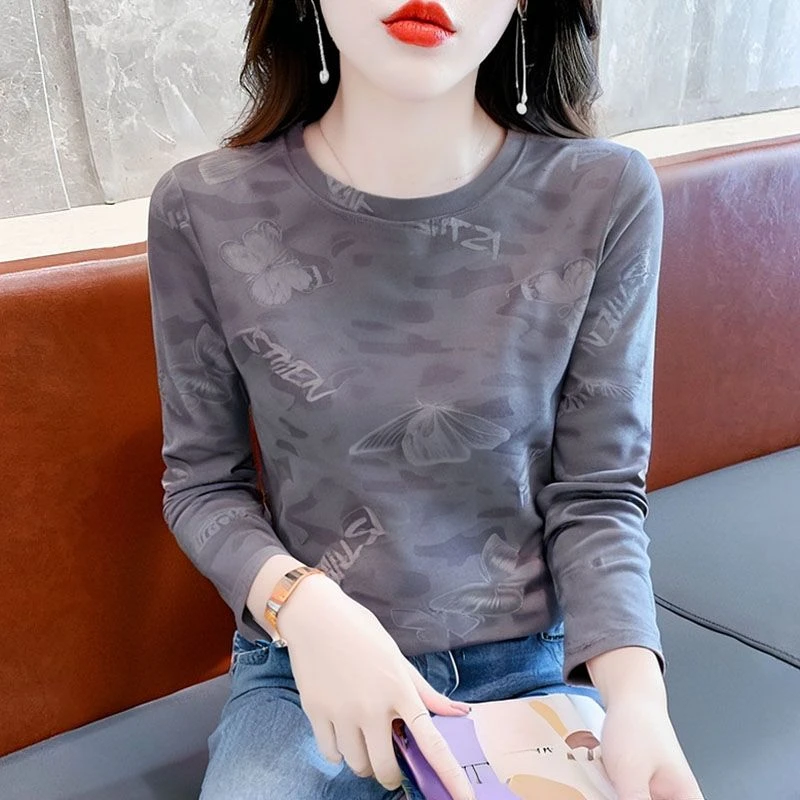 长袖t恤女装时尚印花圆领修身打底衫2024新款百搭秋季体恤上衣服