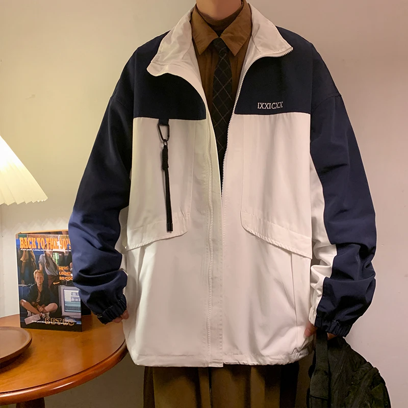 J609 复古拼接撞色立领夹克外套男秋港风宽松休闲百搭冲锋衣夹克