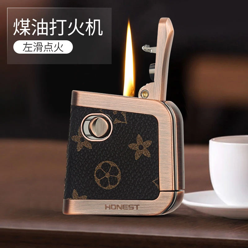 百诚新款霞光煤油打火机复古创意老式皮质个性一键弹射点火礼品男