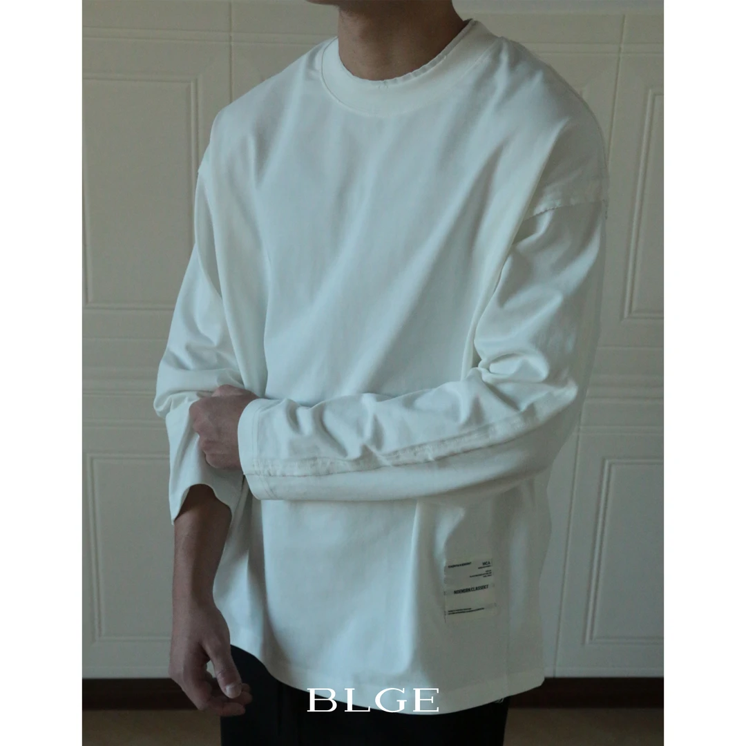 BLGE360克重磅美式高街假两件破烂设计长袖t恤男女宽松纯棉打底衫