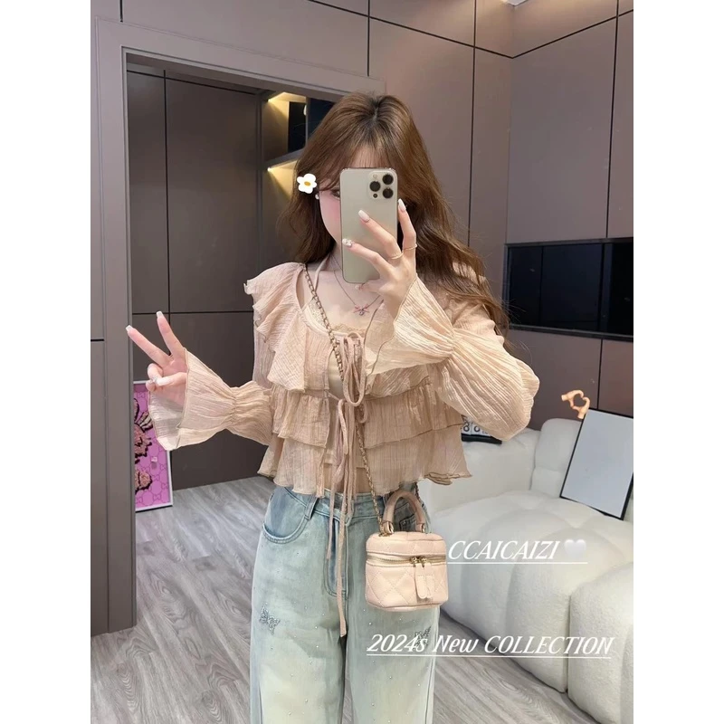 【no退no换】CCA068 【许愿少女】气质甜美荷叶边两件套套装  开衫+吊