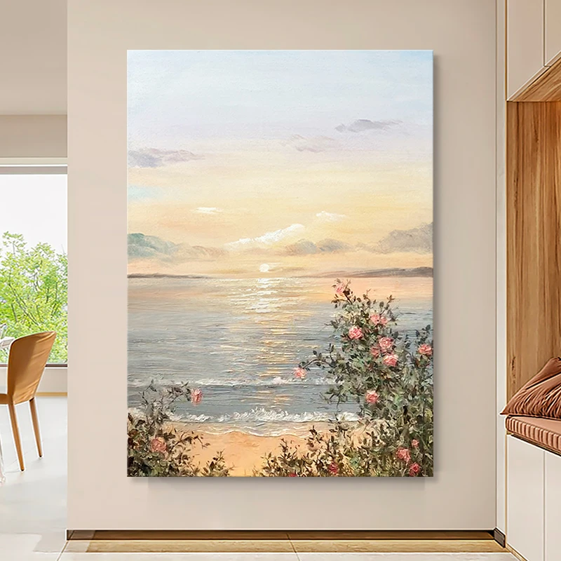 法式手绘油画玫瑰玄关装饰画现代简约客厅沙发背景墙抽象风景挂画