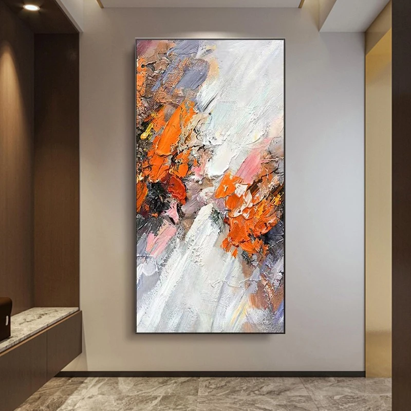 纯手绘抽象油画玄关装饰画竖版橙色大芬村入户走廊过道轻奢挂画