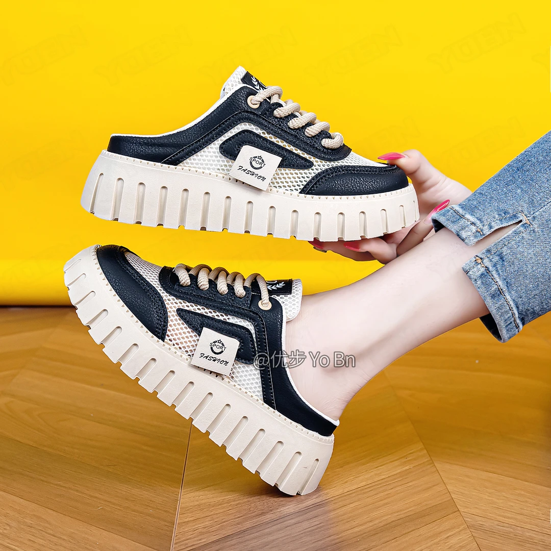 YOBN 2024夏季新款女鞋韩版百搭网面透气休闲板鞋女半拖厚底H8-2