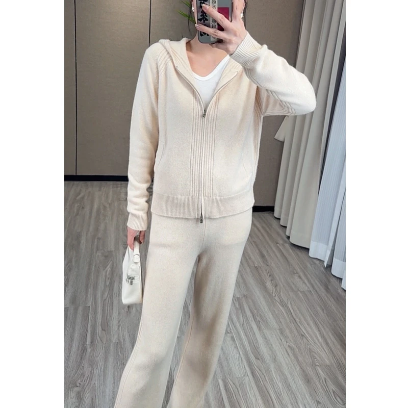 三色 羊绒直筒裤+羊绒连帽衫套装