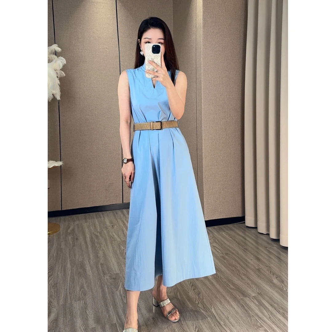 两色！纯色拼接钉珠V领宽松连衣裙