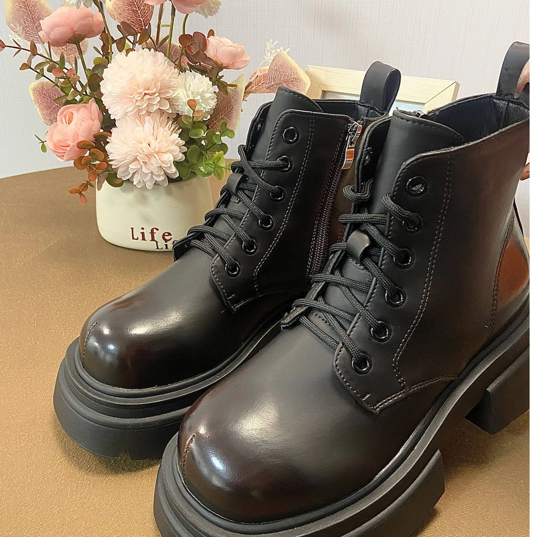 高级感炸街小短靴韩系软皮粗跟高跟英伦风靴子女秋冬季加绒2368