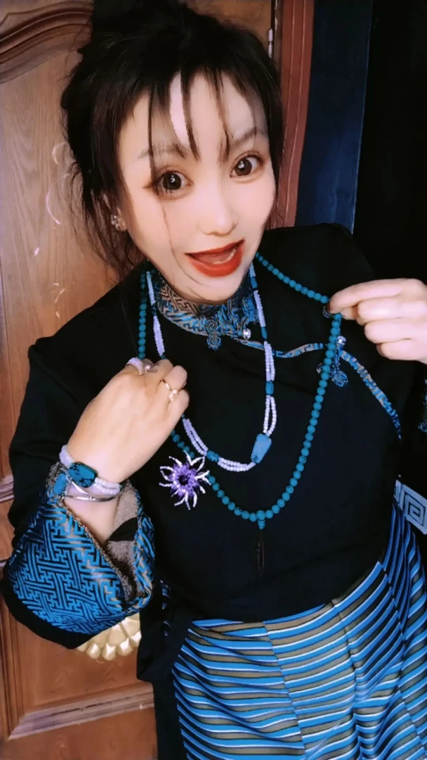 非金属仿珍珠项链 藏式项链手工蓝色饰品颈链长款链子镶嵌配饰