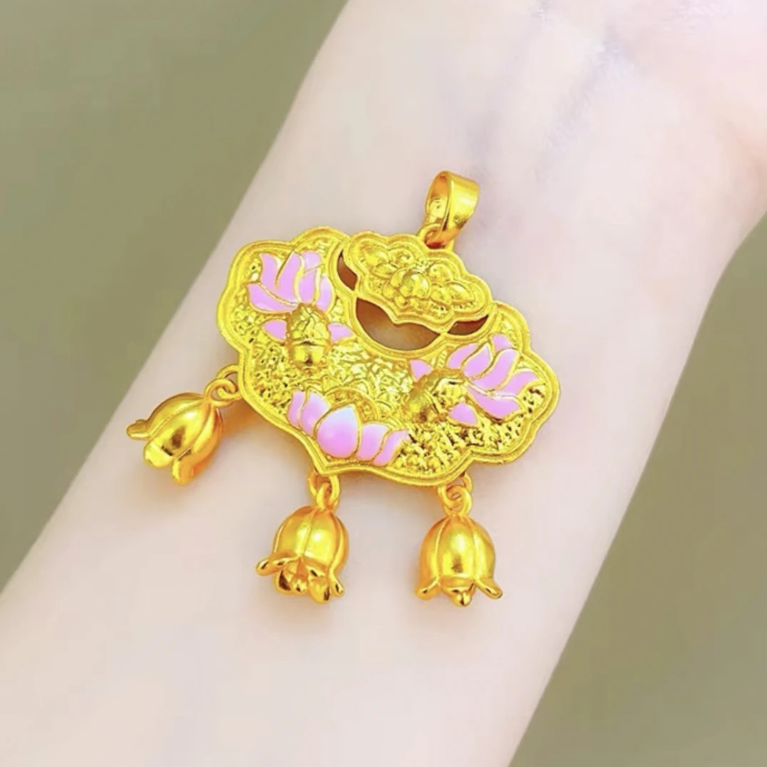 钛钢吊坠 新中式国风粉色莲花双鱼锦鲤铃兰花平安锁精美时尚