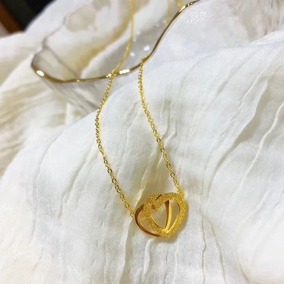 钛钢项链 高品质气质小众复古心形双桃心双环心心相印新款项链