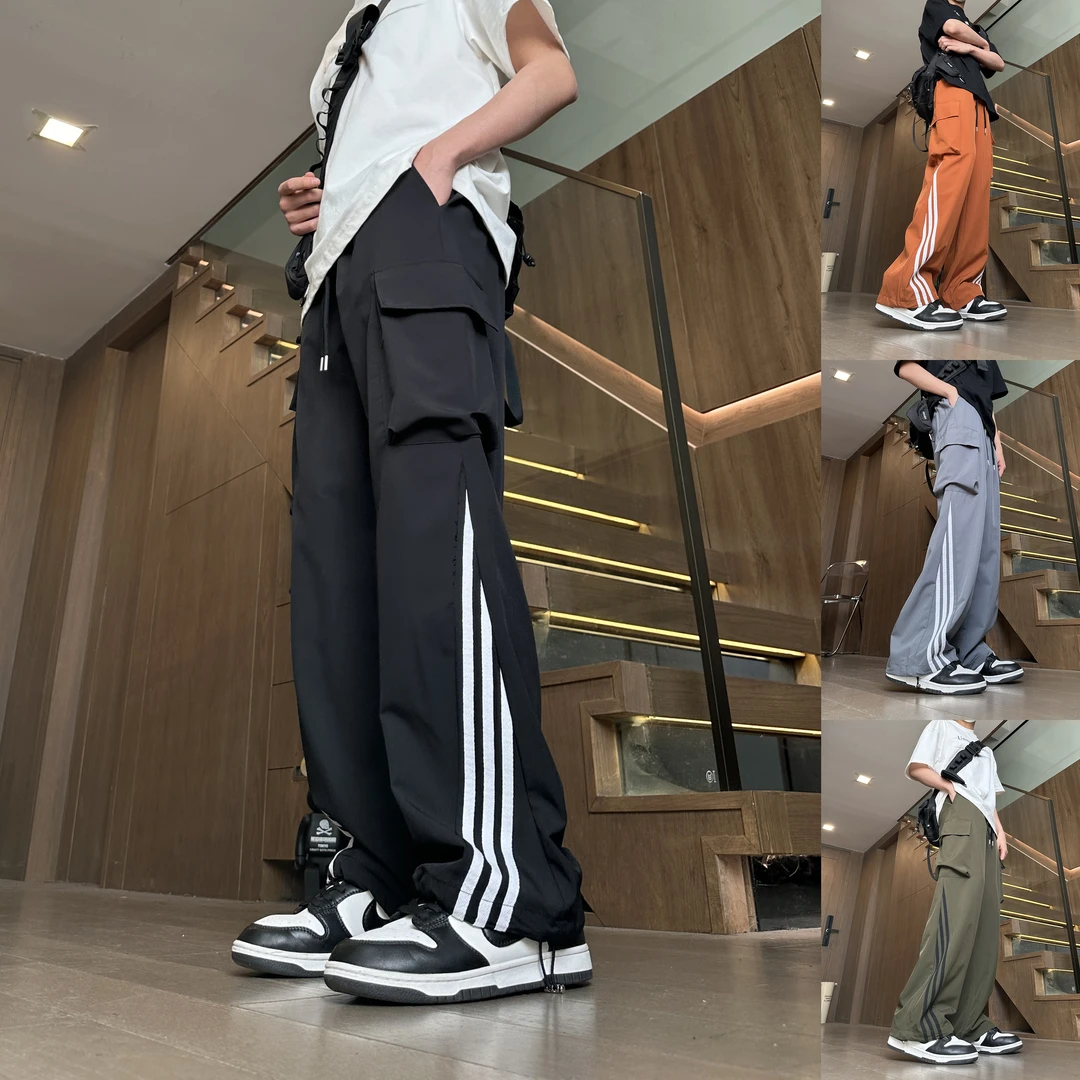 2024夏季美式高街工装阔腿裤三杠条纹ins百搭冰感垂坠休闲裤男