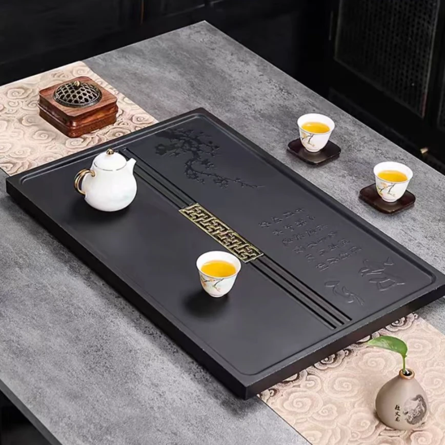 初心一体浮雕乌金石茶盘（尺寸55*37*2.5）现代简约轻奢家用