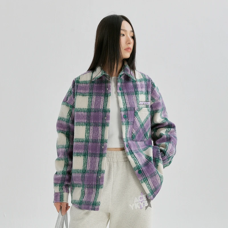 YKYB潮牌秋冬季新品复古拉绒格子拼接宽松摇粒绒厚外套Y34NMY012