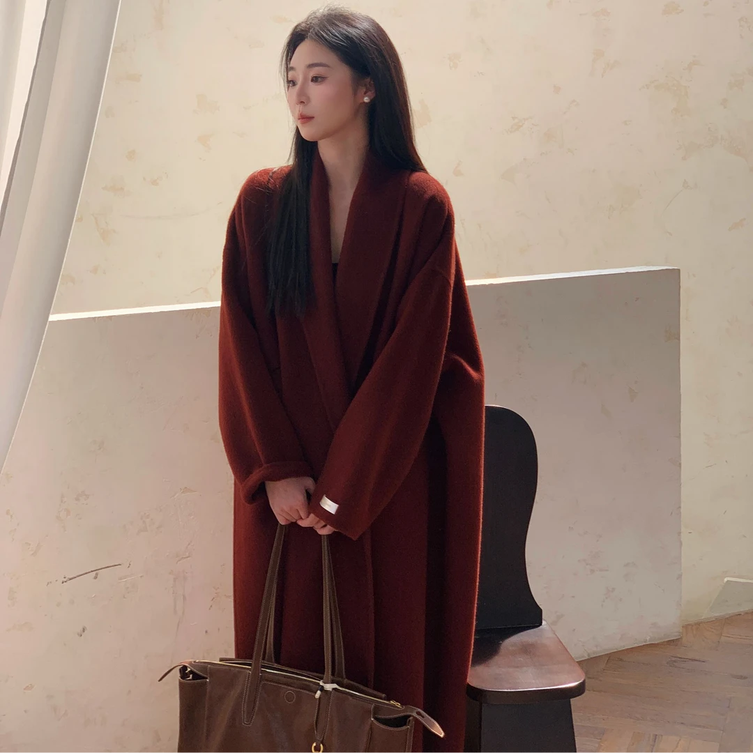【张七七】长款双面羊毛大衣女秋冬季新款青果领气质外套-88101