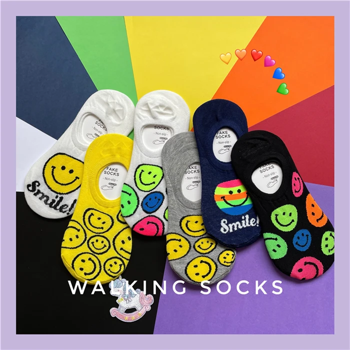 新款韩版【六双装】卡通彩色笑脸船袜不掉跟防滑硅胶隐形袜情侣袜