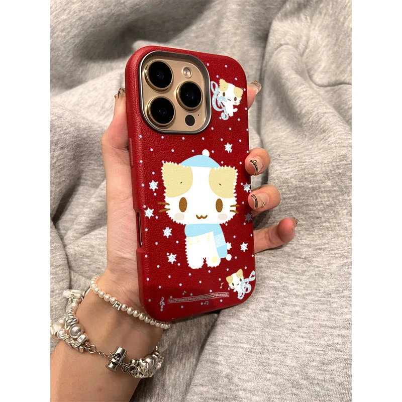 冬日雪花猫咪适用苹果16ProMax手机壳荔枝纹iphone1514高级131211