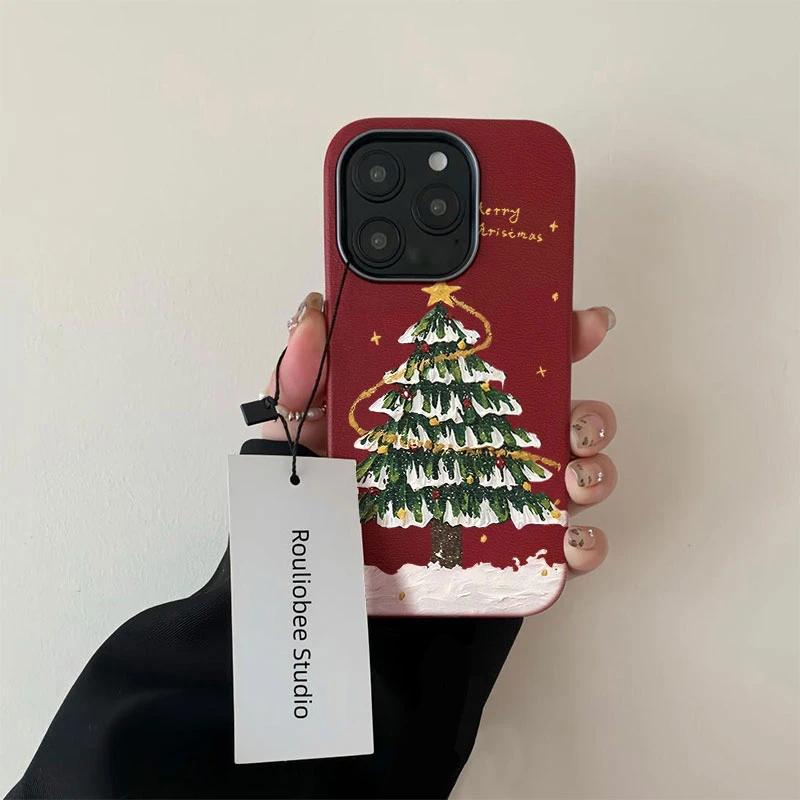 油画圣诞树适用苹果16ProMax手机壳皮纹iphone1514高级131211防摔