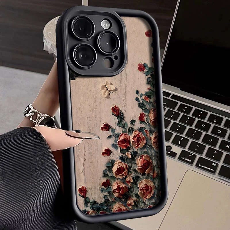 油画玫瑰iphone15PRO苹果手机壳14promax软硅胶13全包12P/11卡通X