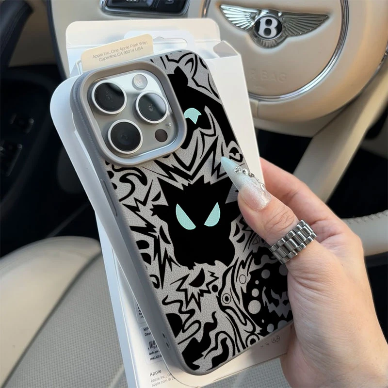 黑色耿鬼适用苹果16/15手机壳iPhone14promax13荔枝纹12软胶11pro