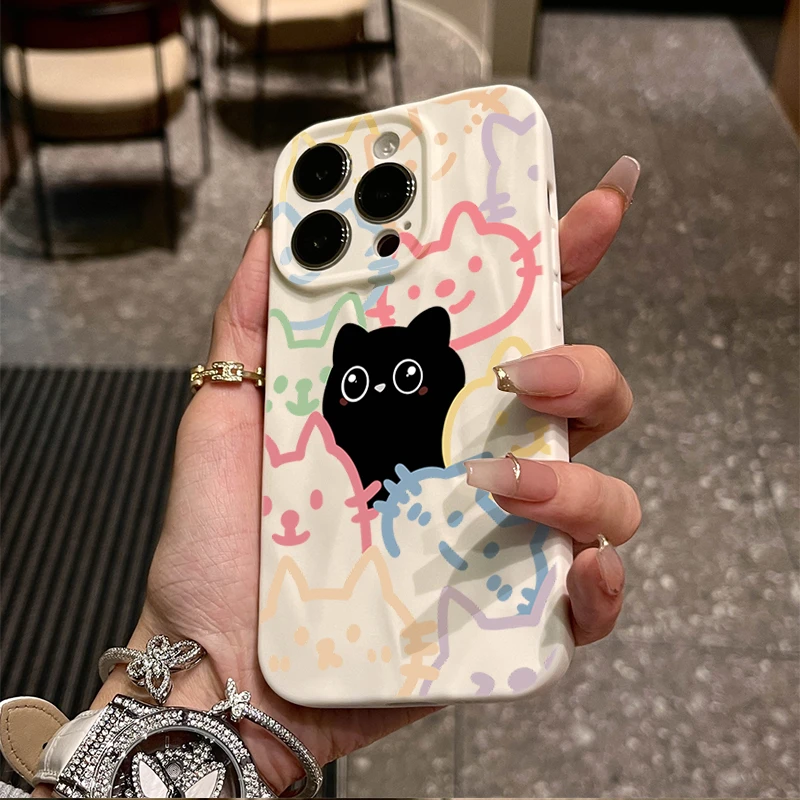多巴胺小黑猫苹果15promax褶皱手机壳iphone14全包13p12软11简约8