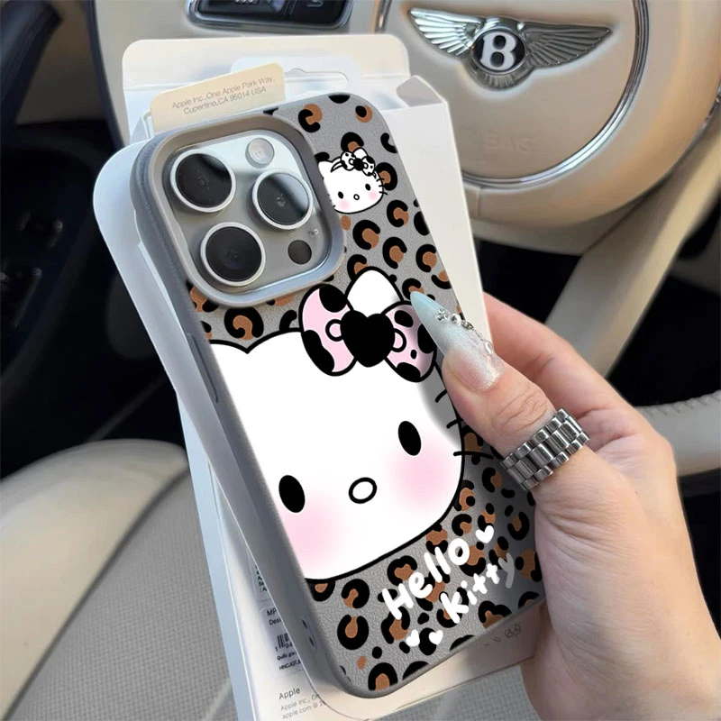 豹纹KT猫适用苹果1615手机壳iPhone14promax高级感13荔枝纹12软11