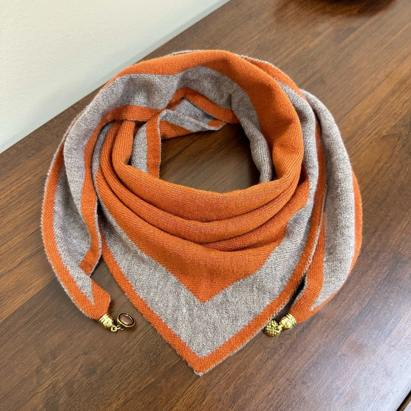 秋冬季小太阳保暖升级双色针织三角巾时尚百搭加厚双面拼色围巾