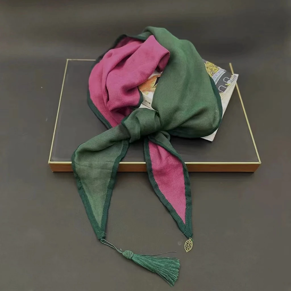 一叶知秋 手工棉麻双面小围巾气质时尚百搭绿色复古黄色丝巾双层