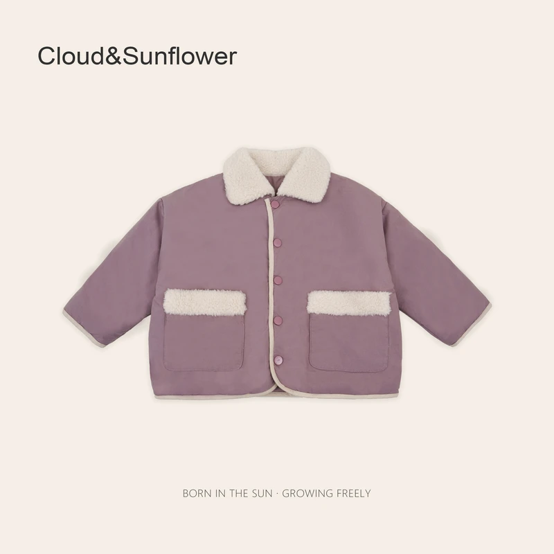 女童五粒扣毛绒翻领紫色冬季加厚外套1113160