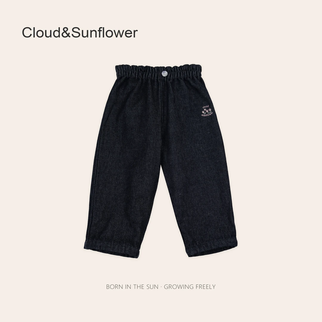 【云朵小葵】女童冬季加绒加厚花苞腰一粒扣刺绣丹宁牛仔裤1113211