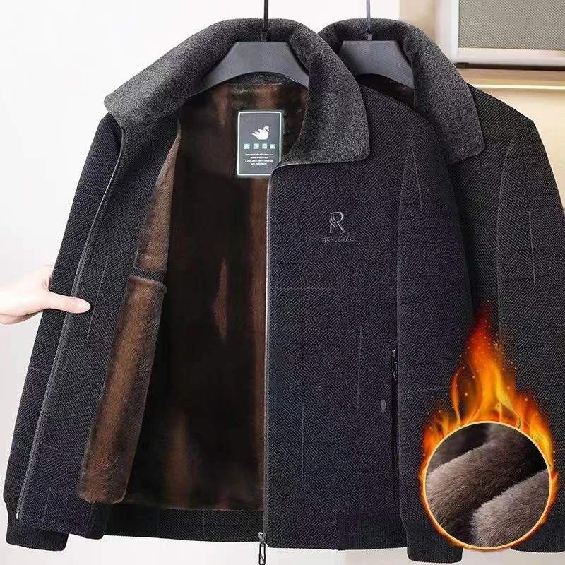 爸爸装冬季加绒加厚雪尼尔毛呢大衣中老年人休闲大码保暖呢子外套